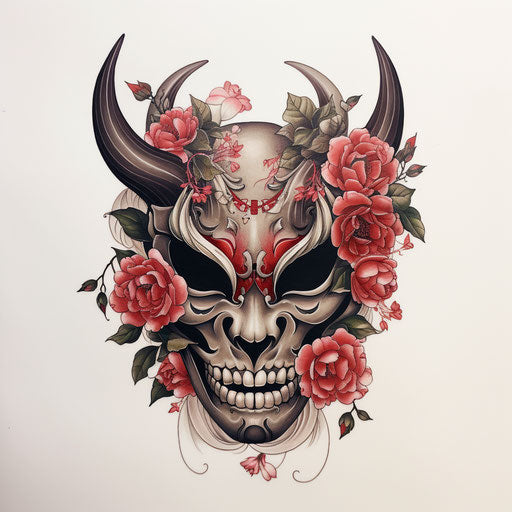 Japanese mask with horns and flower on white paper
