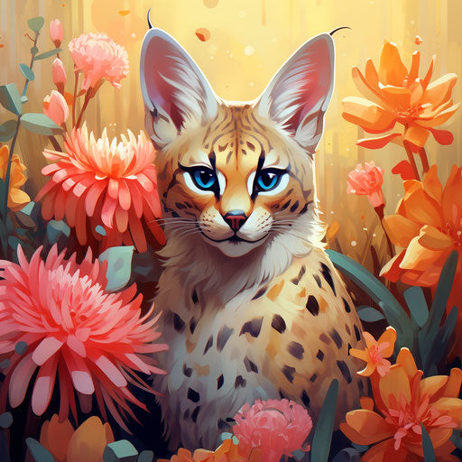 A serval cat in a flower bed with beautiful flowers