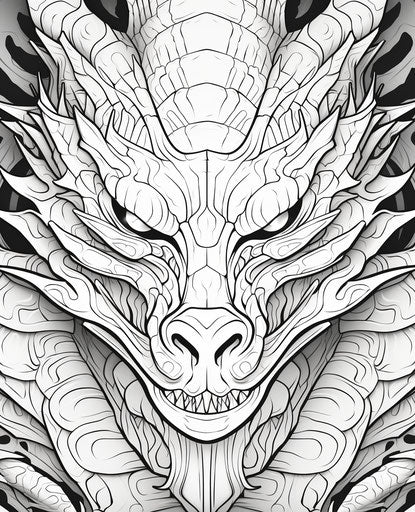 Ornamental dragon for adult coloring, whimsical cartoon style, bamileke art, mosaic-like, cottagepunk