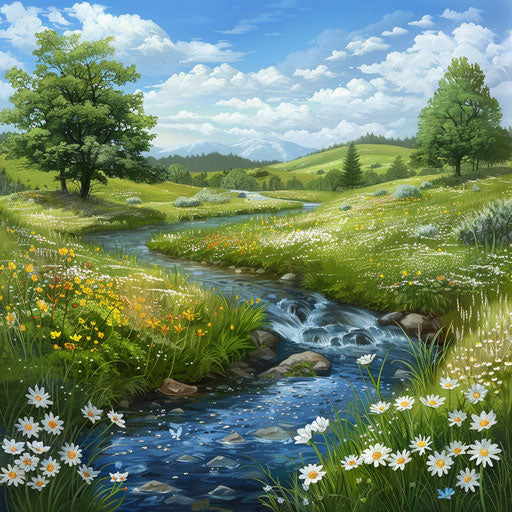 Babbling brook and flowering meadows in serene nature