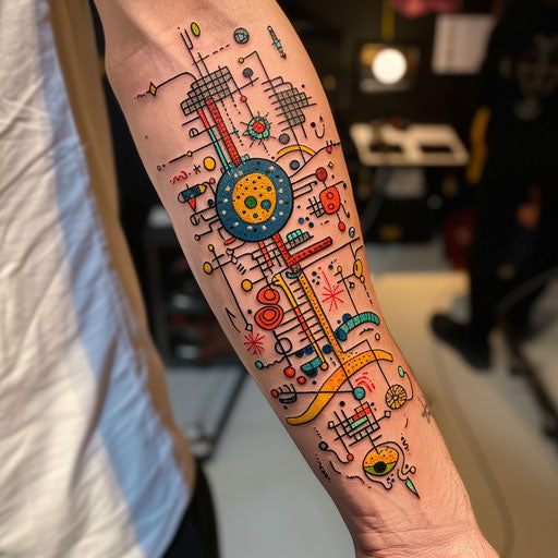 Surreal tattoo sketch of a cross stitch tattoo blending cosmic elements and bright neon colors