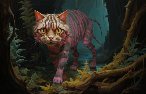 A striped cat walking along a log in the jungle