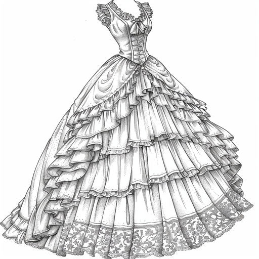 Victorian dress with ruffles and intricate embroidery. Coloring book page