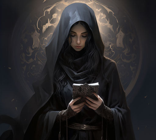 Woman in black dress with electronic device, Islamic calligraphy style