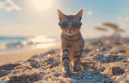 Little cat with sunglasses on the beach, in the style of futurist influences, heatwave 17:11