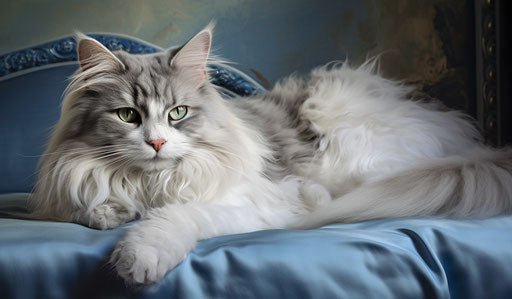 A fluffy cat lying on a bed under a light silver and light blue
