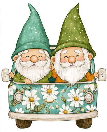 Happy gnomes in a flower-patterned van