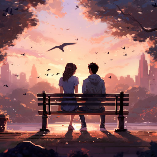Two lovebirds sitting in silence on a bench with park backdrop