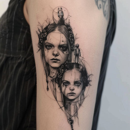 Mother and daughter tattoo with dark surrealism