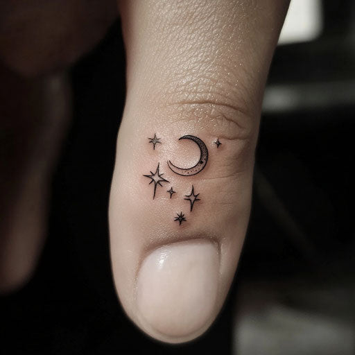 Tiny finger tattoos in David Palumbo style with delicate celestial stars and moons