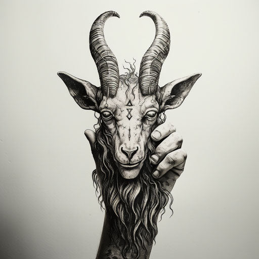 Tattoo on goat's hand with pentacles, graphic illustration