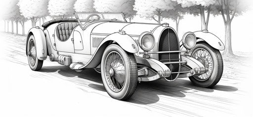Bugatti car coloring pages, beautiful car coloring pages for adults, in the style of expansive, caffenol developing, speed and motion, detailed line-work