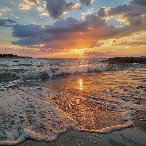 Nissi Beach, Cyprus with peaceful waves and a breathtaking sunset, in the style of Gustave Le Gray