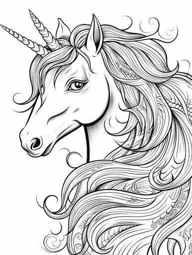 Unicorn coloring page with long hair, shiny eyes, cartoonish simplicity 3:4