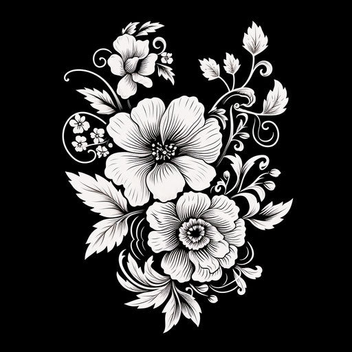 Black and white floral design, classic tattoo motifs style