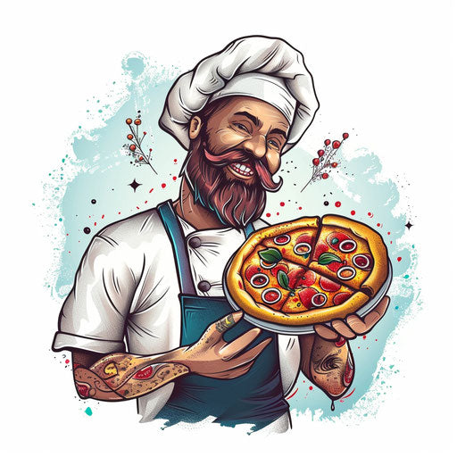 Illustration of a tattoo with an Italian chef holding a pizza, cartoon style, on a white background.