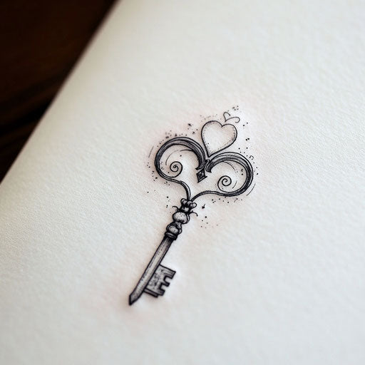 Flat tattoo sketch of delicate key with heart handle