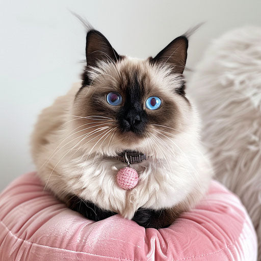 Himalayan cat with cute collar, sitting on plush pink cushion