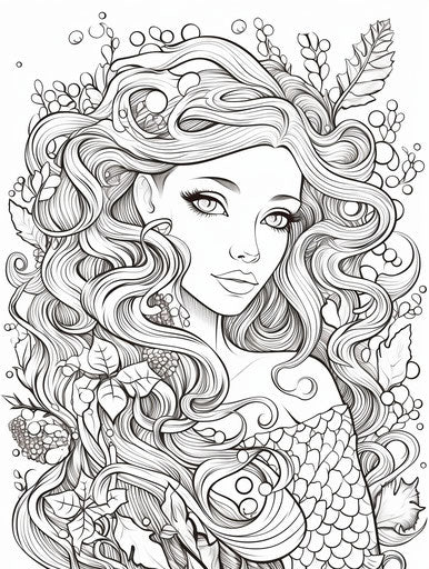 Coloring page of a mermaid princess, coralpunk style