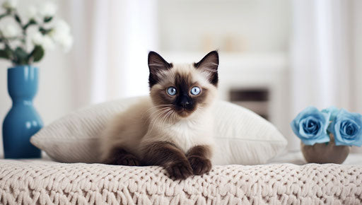 Siam kitten near basket in white bedroom decor