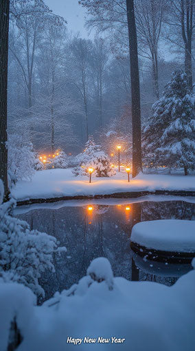 Snowy landscape with glowing lights and serene pond