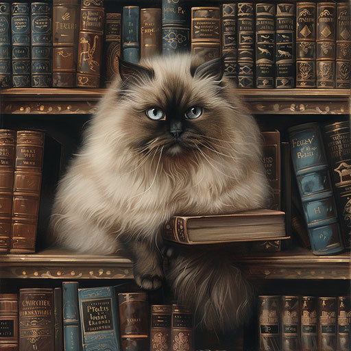 Himalayan cat perched on a bookshelf, surrounded by books