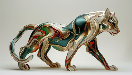 Bold patterns in dark beige and gold, precisionist lines, silver highlights