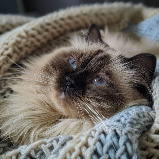 Himalayan cat with a gentle expression, lying on a knitted blanket