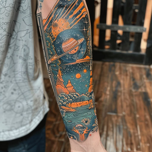 Men's forearm tattoo with cosmic scene