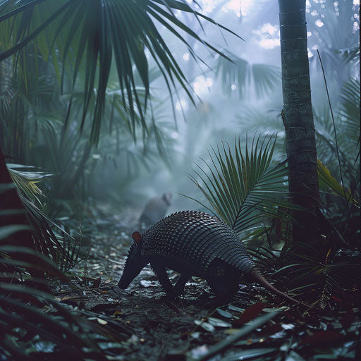 An armadillo roaming in a dense fog-covered rainforest