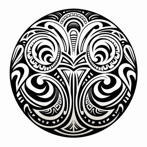 Traditional Polynesian tattoo design in black and white, rounded canvas style