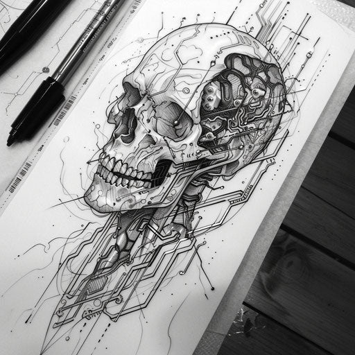 Futuristic flat tattoo sketch featuring a soul with digital technology