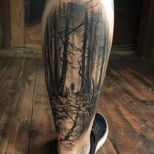 Realism tattoos of a haunted forest on the calf