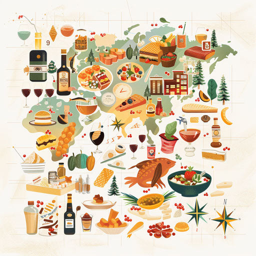 Culinary map with food and drink icons for various regions