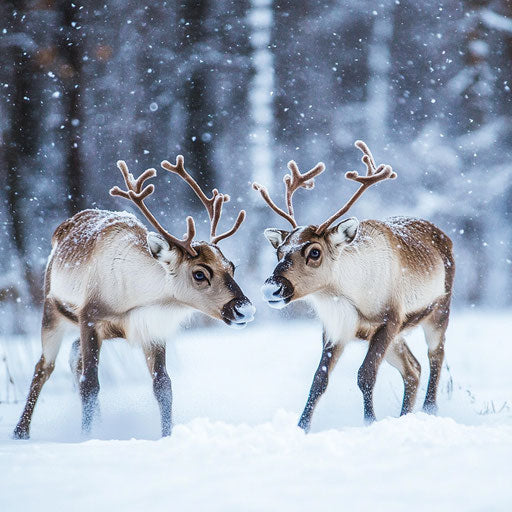 Young reindeer playing in fresh snow