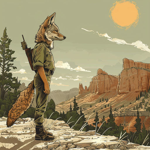 A coyote as a park ranger in a vast wilderness park