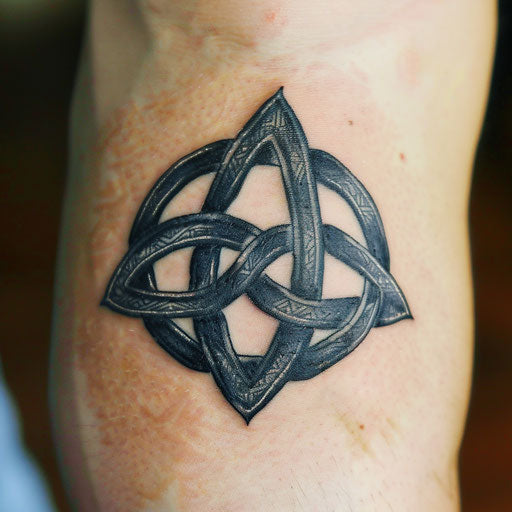 Celtic knot tattoo enhanced with Gothic style, rich dark colors on a contrasting white background