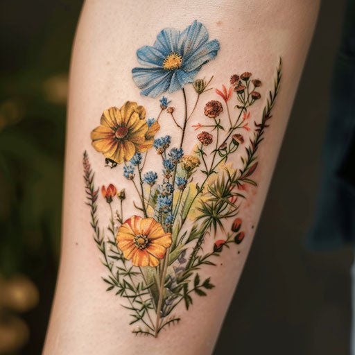 Realistic wildflower tattoo, lifelike details, vibrant hues, botanical accuracy
