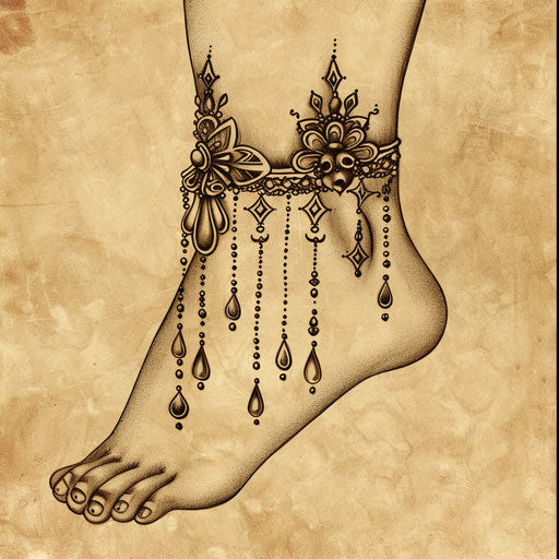 Flat tattoo sketch of an ankle bracelet with vintage charms and sepia tones