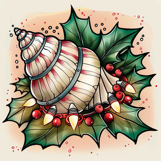 Festive shell with Christmas lights and holly, clipart style