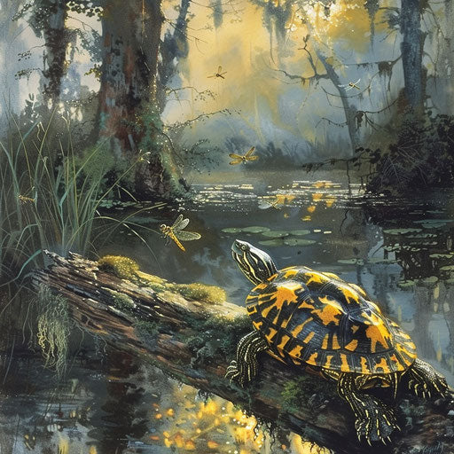 Yellow spotted turtle on a log, dragonflies buzzing overhead in a tranquil swamp