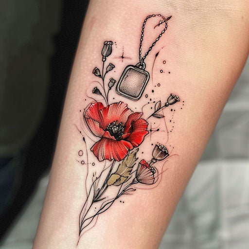 Bold tattoo of military dog tags and poppy flower