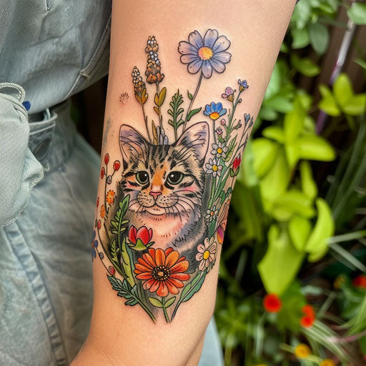 Wildflower tattoo with cat, playful elements, bright colors, detailed feline
