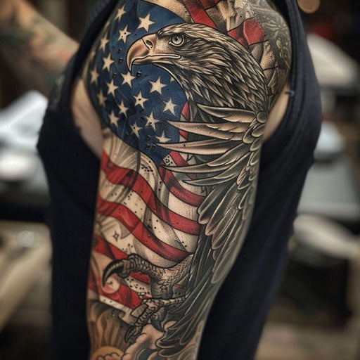 Sketch of a majestic eagle and American flag tattoo, full sleeve for men
