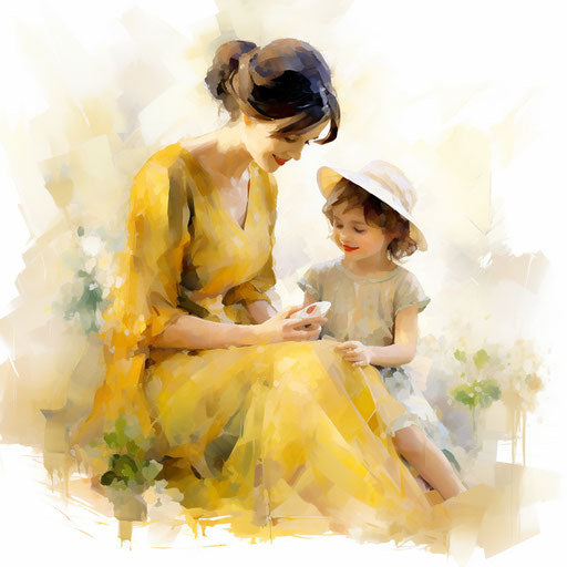 Mother and daughter clipart in the style of Impressionistic Art, on white background