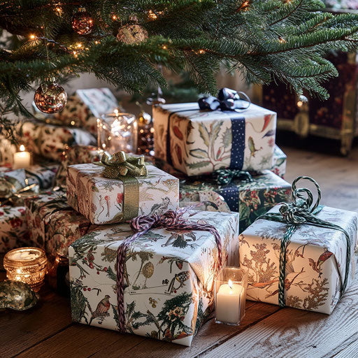 A beautifully wrapped collection of Christmas gifts under a twinkling tree
