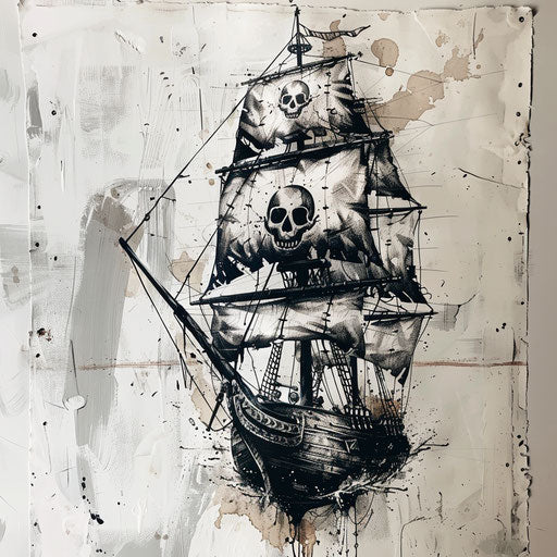 Bold graphic tattoo sketch of a pirate ship