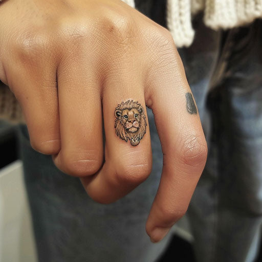 Tiny lion's head tattoo in the style of Guy Aitchison.