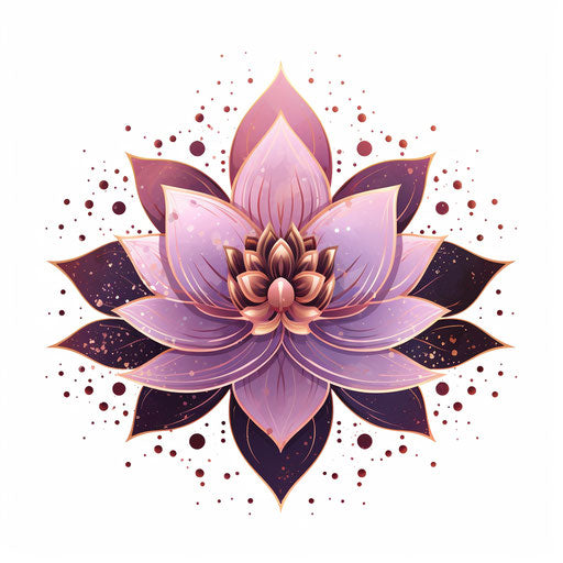 Purple lotus flower with dots, line drawing style, spiritual motifs