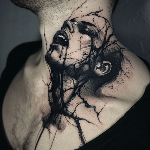 Throat tattoos with dark surrealism